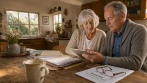 A senior couple in casual clothes sits at their kitchen table reviewing legal documents and a tablet in warm afternoon light.