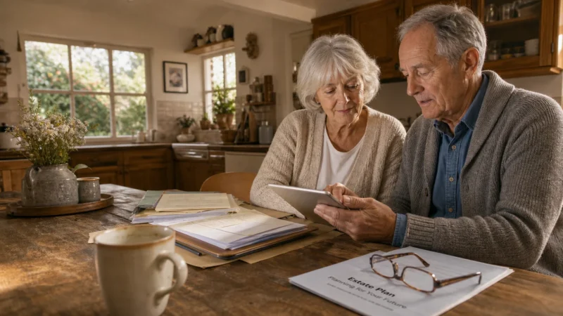 A senior couple in casual clothes sits at their kitchen table reviewing legal documents and a tablet in warm afternoon light.