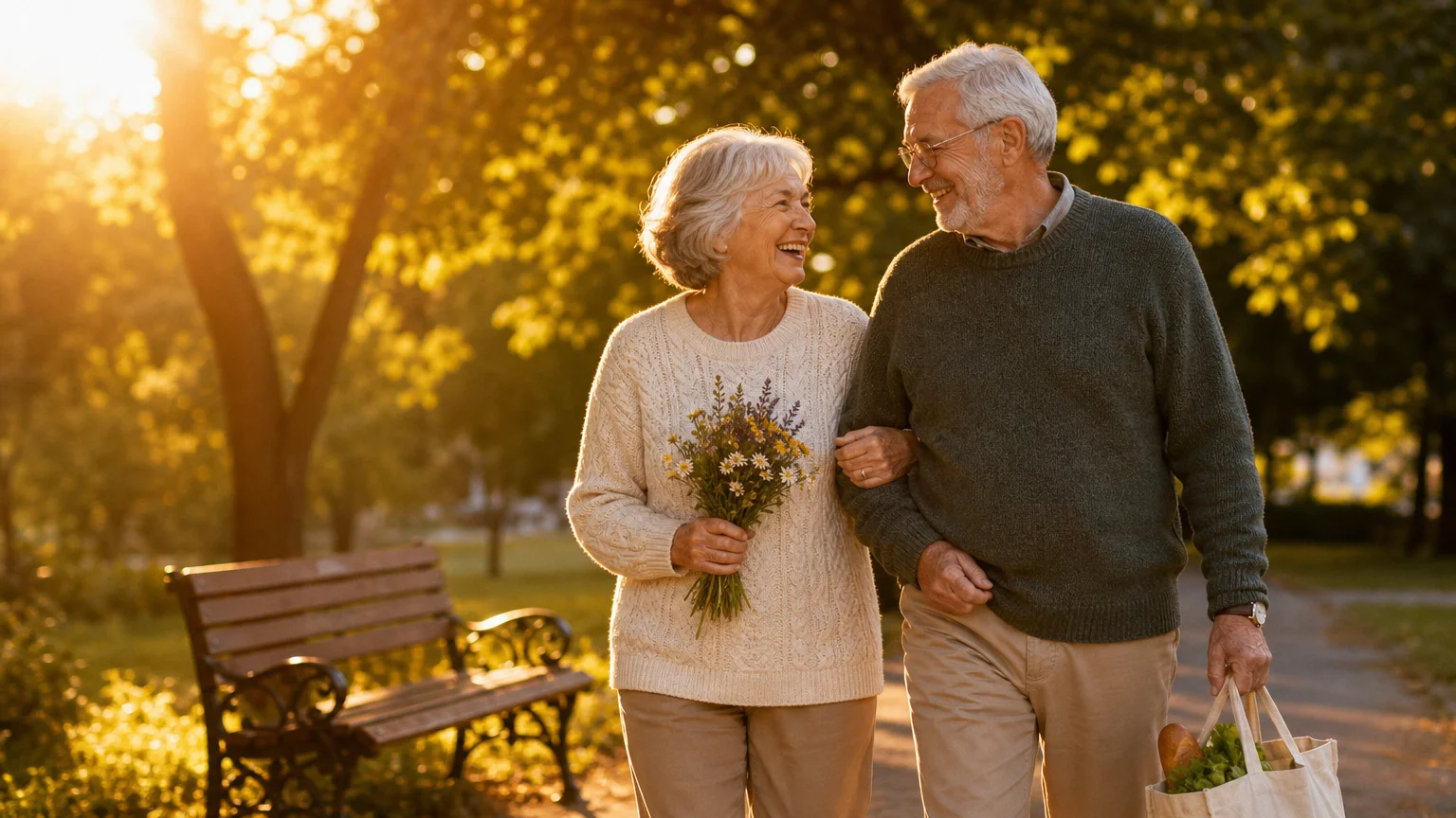 A senior couple laughing while walking in a sunlit park, symbolizing the security of the Social Security COLA boost.