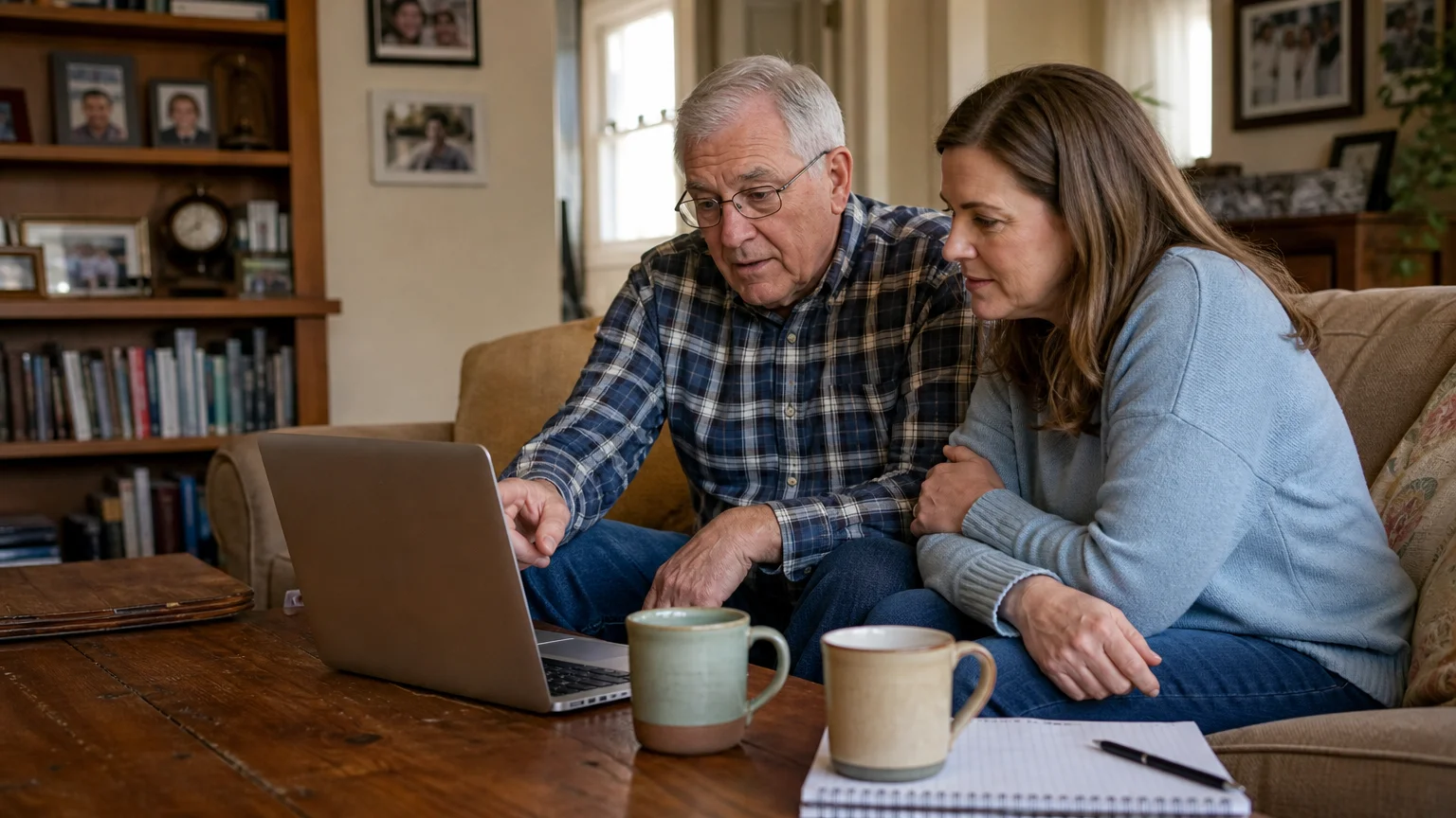 A senior man and his adult daughter sit on a sofa together looking at a laptop while discussing financial plans.