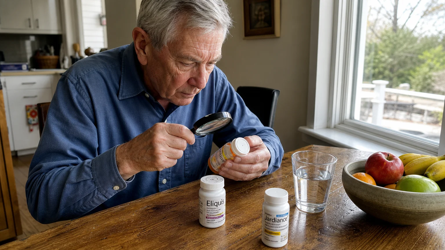 A senior man at his kitchen table examining prescription bottles for Eliquis and Jardiance with a magnifying glass.