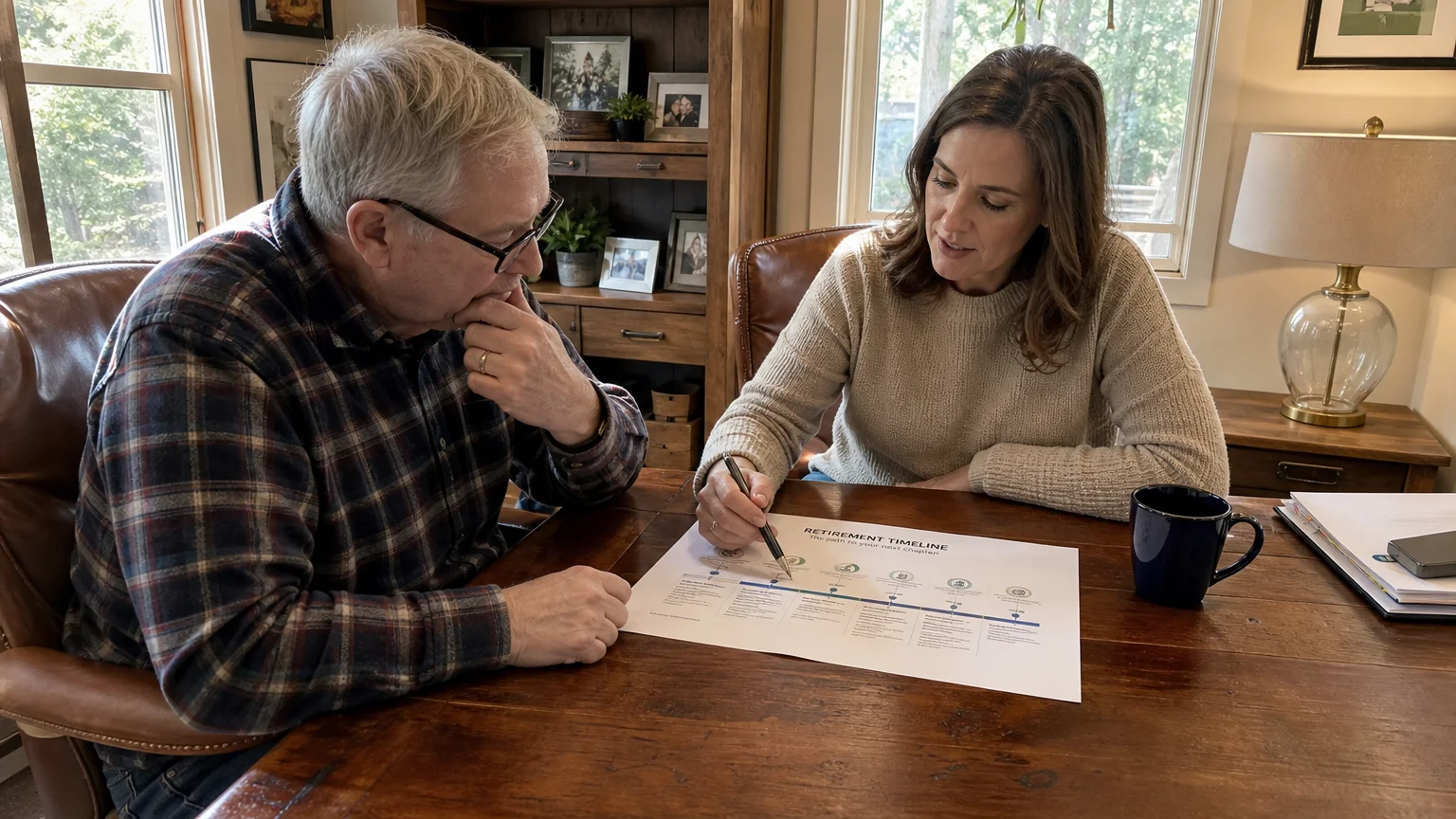 A senior man consulting with a financial advisor over a retirement timeline document in a cozy home office.