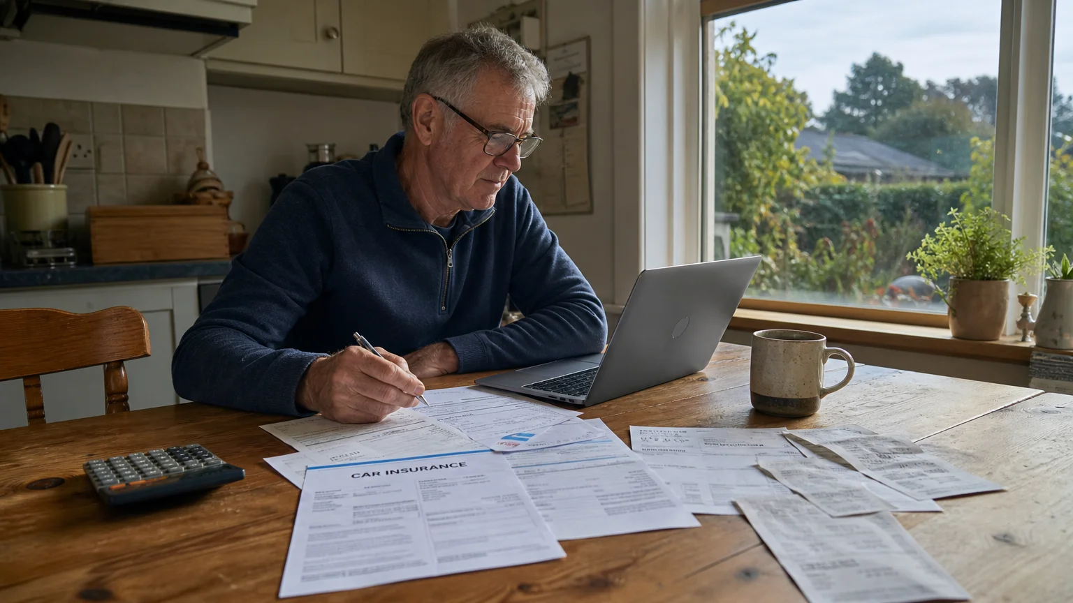 A senior man reviews car insurance bills and fuel receipts on his kitchen table, calculating his true vehicle ownership costs.