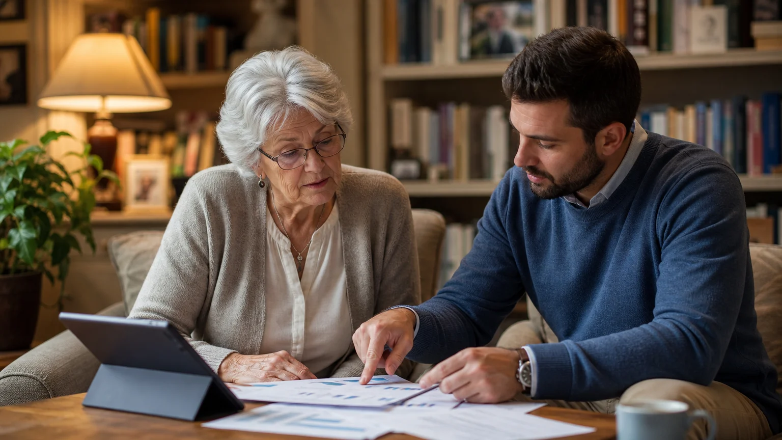 A senior woman and a professional advisor reviewing financial documents together in a warm, home library setting.