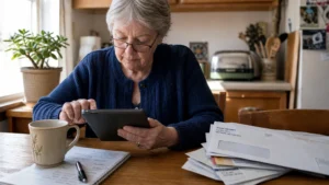 A senior woman in a navy cardigan sits at a sunny kitchen table looking at financial documents on a tablet next to a stack of mail.