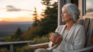 A senior woman sitting alone on a porch at sunset, looking thoughtfully at the horizon while holding a mug.