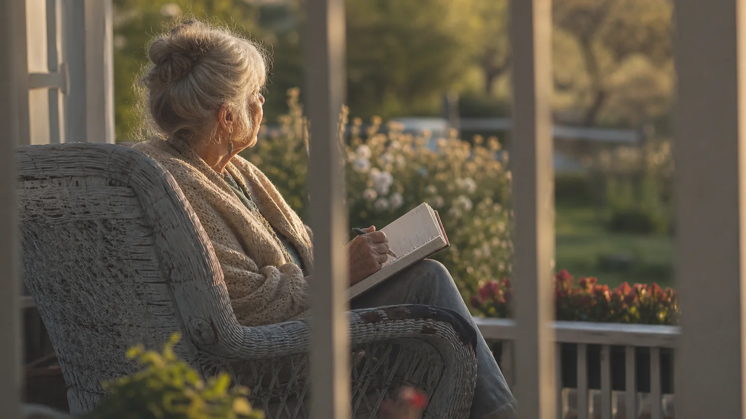 A senior woman sitting thoughtfully on a porch with a planner, reflecting on future caregiving and health decisions.