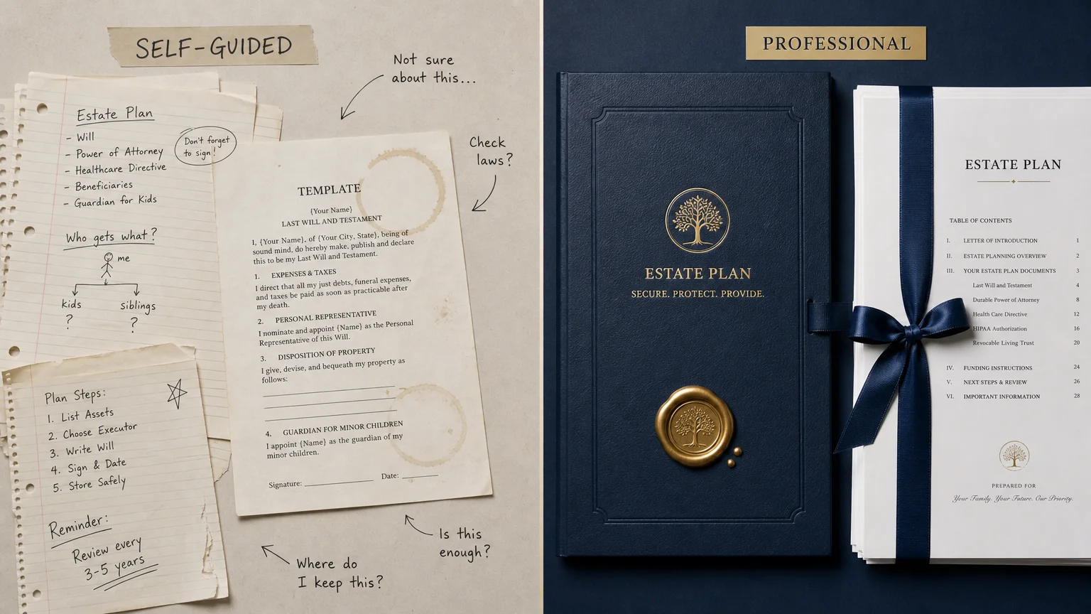 A side-by-side comparison of a messy, hand-written notes versus a formal, professional legal document folder.