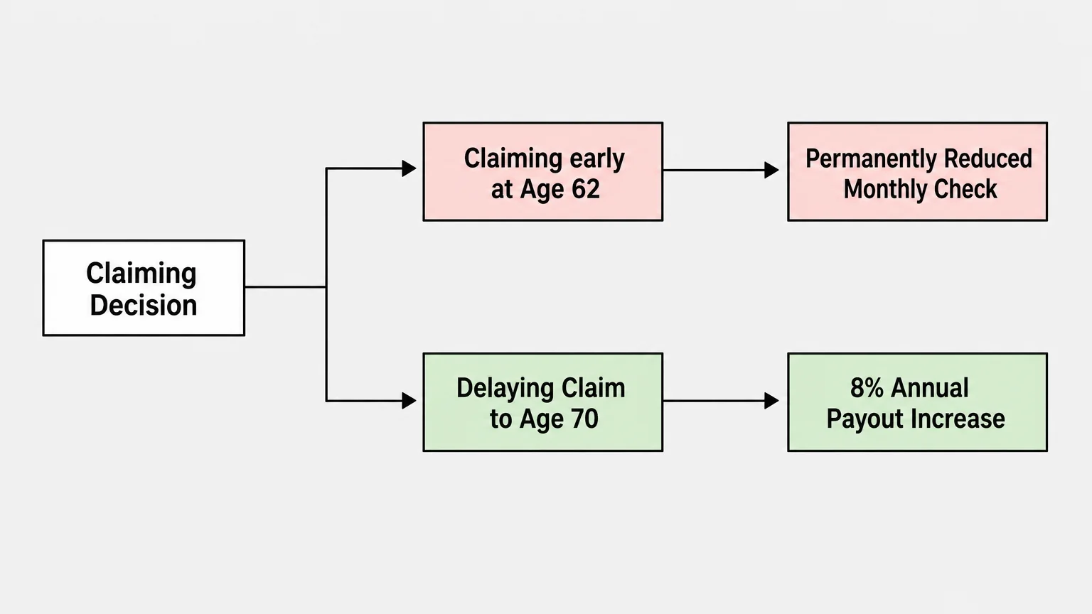 A simple flowchart diagram comparing the financial impact of claiming Social Security benefits at age 62 versus delaying until age 70.
