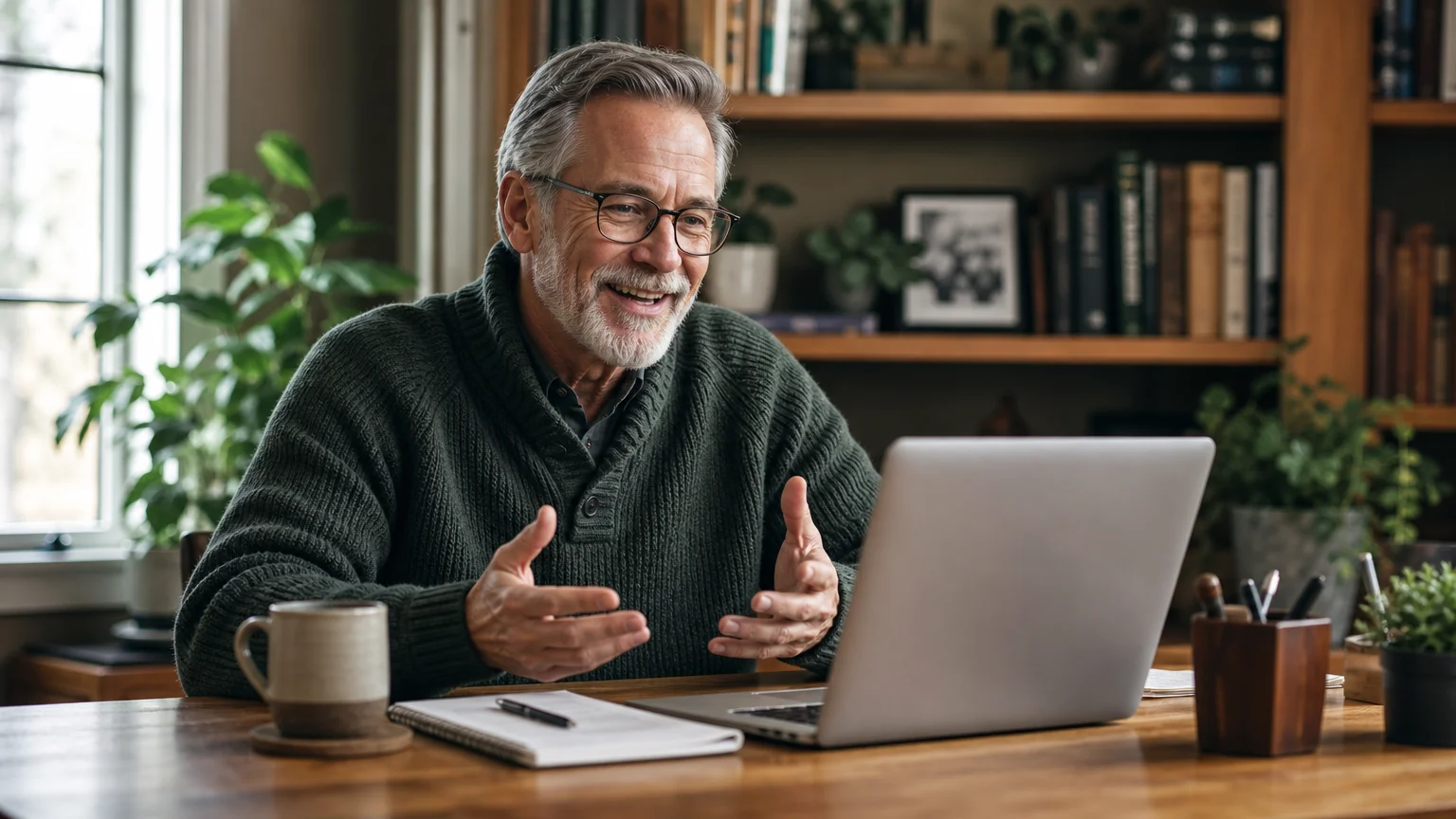 A smiling retired male consultant in a knit sweater talks on a laptop video call from his cozy home office library.