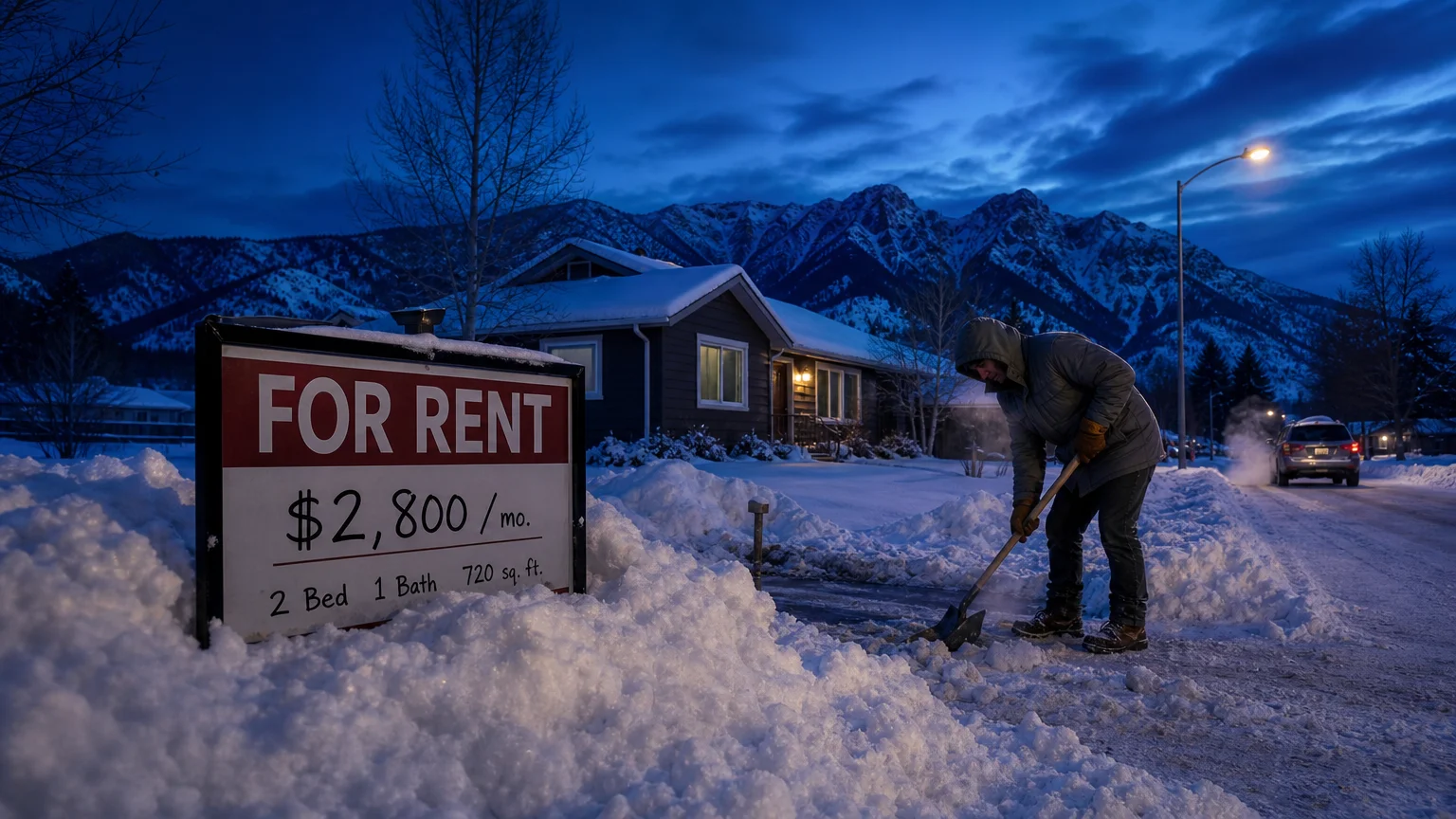 A snowy Bozeman street at twilight showing a high-priced real estate sign and the reality of harsh winter maintenance.