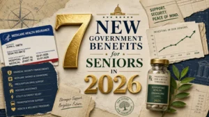 A sophisticated mixed media collage featuring the number 7 and the year 2026 surrounded by Medicare and financial planning symbols.