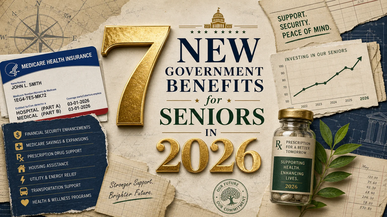 A sophisticated mixed media collage featuring the number 7 and the year 2026 surrounded by Medicare and financial planning symbols.