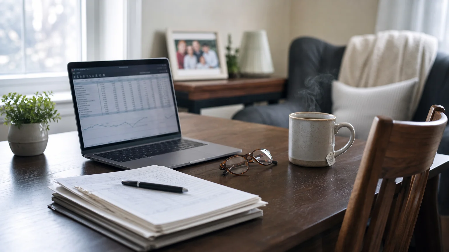 A still life photo of an organized work setup on a wooden table, featuring an open laptop, paper ledgers, and a steaming mug of tea.