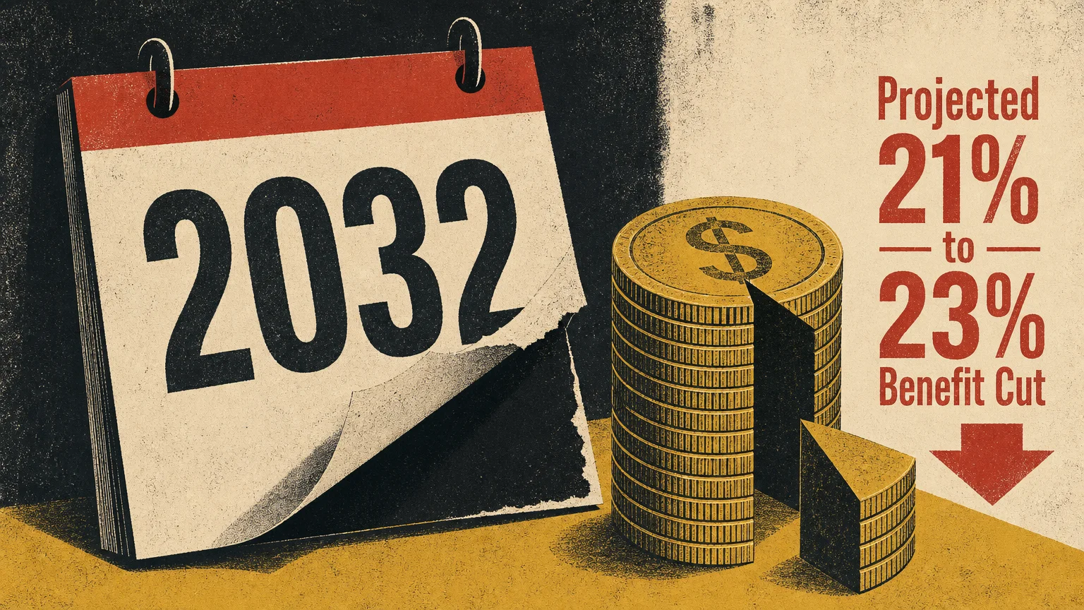 A stylized conceptual illustration of a 2032 calendar and a sliced coin stack, symbolizing the threat of a twenty-one percent benefit cut.