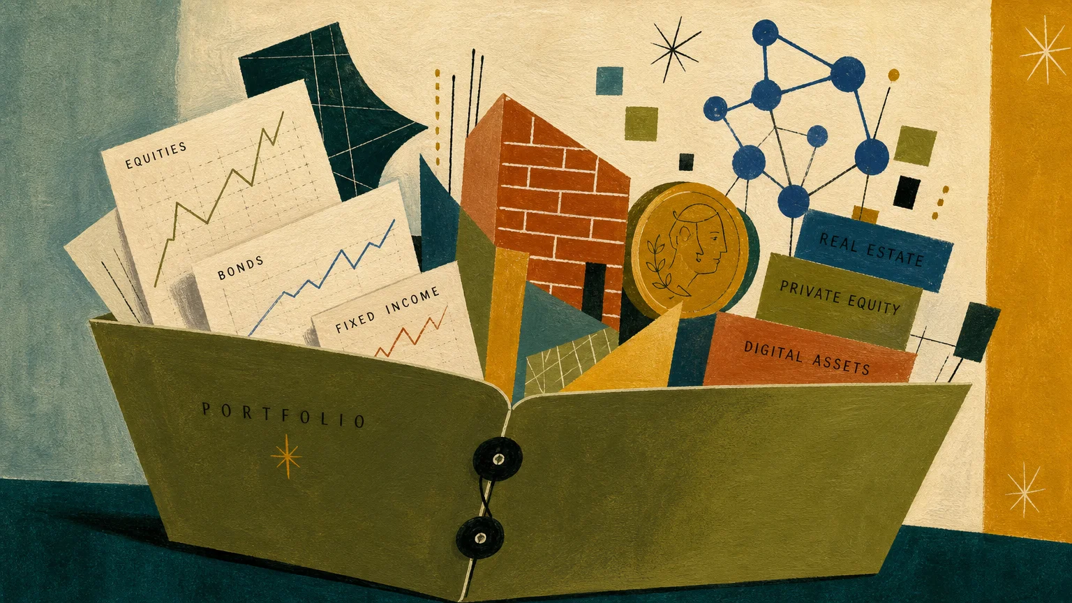 A stylized gouache illustration of a portfolio folder opening to reveal diverse geometric shapes representing alternative assets.