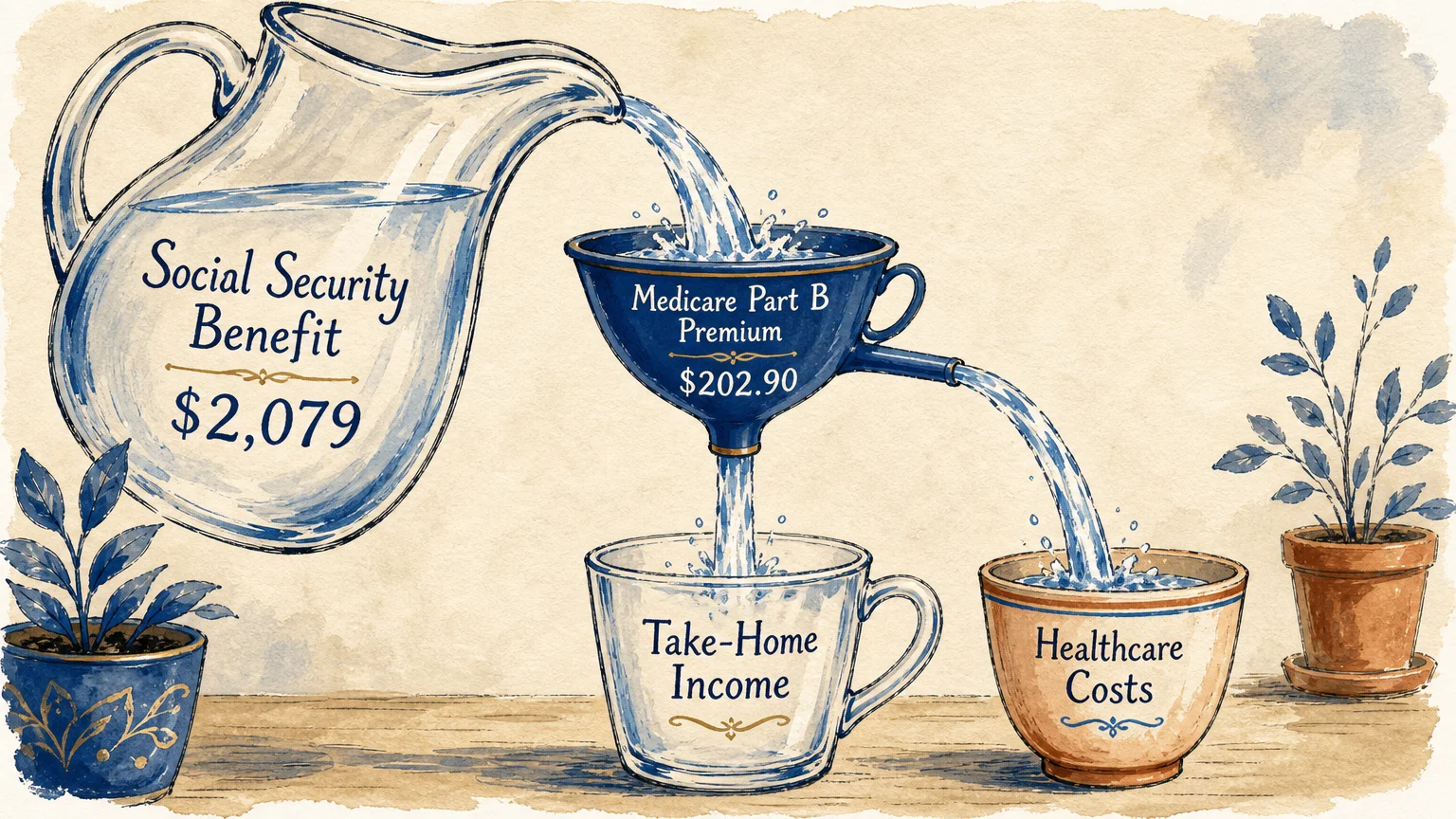 A stylized gouache illustration of a water pitcher labeled Social Security Benefit pouring liquid through a Medicare premium filter funnel.