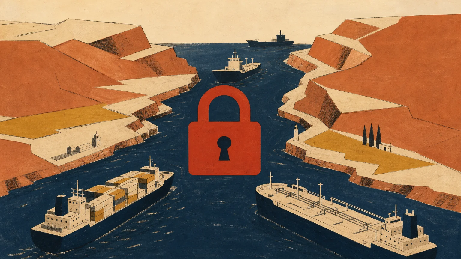 A stylized gouache illustration of cargo ships navigating a narrow, padlocked ocean strait under a warm cream sky.