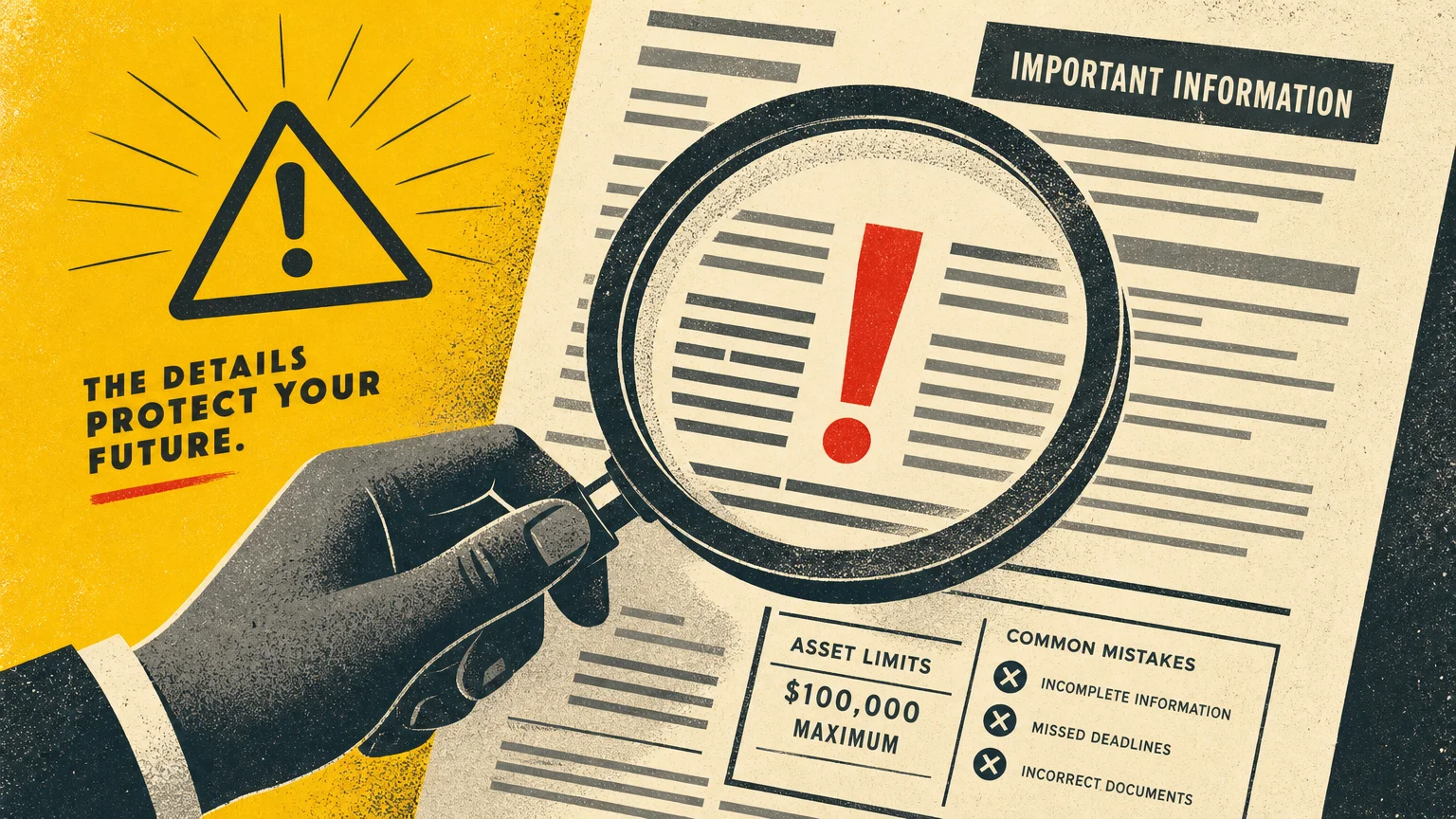 A stylized illustration of a magnifying glass highlighting an exclamation mark on a document, symbolizing caution.