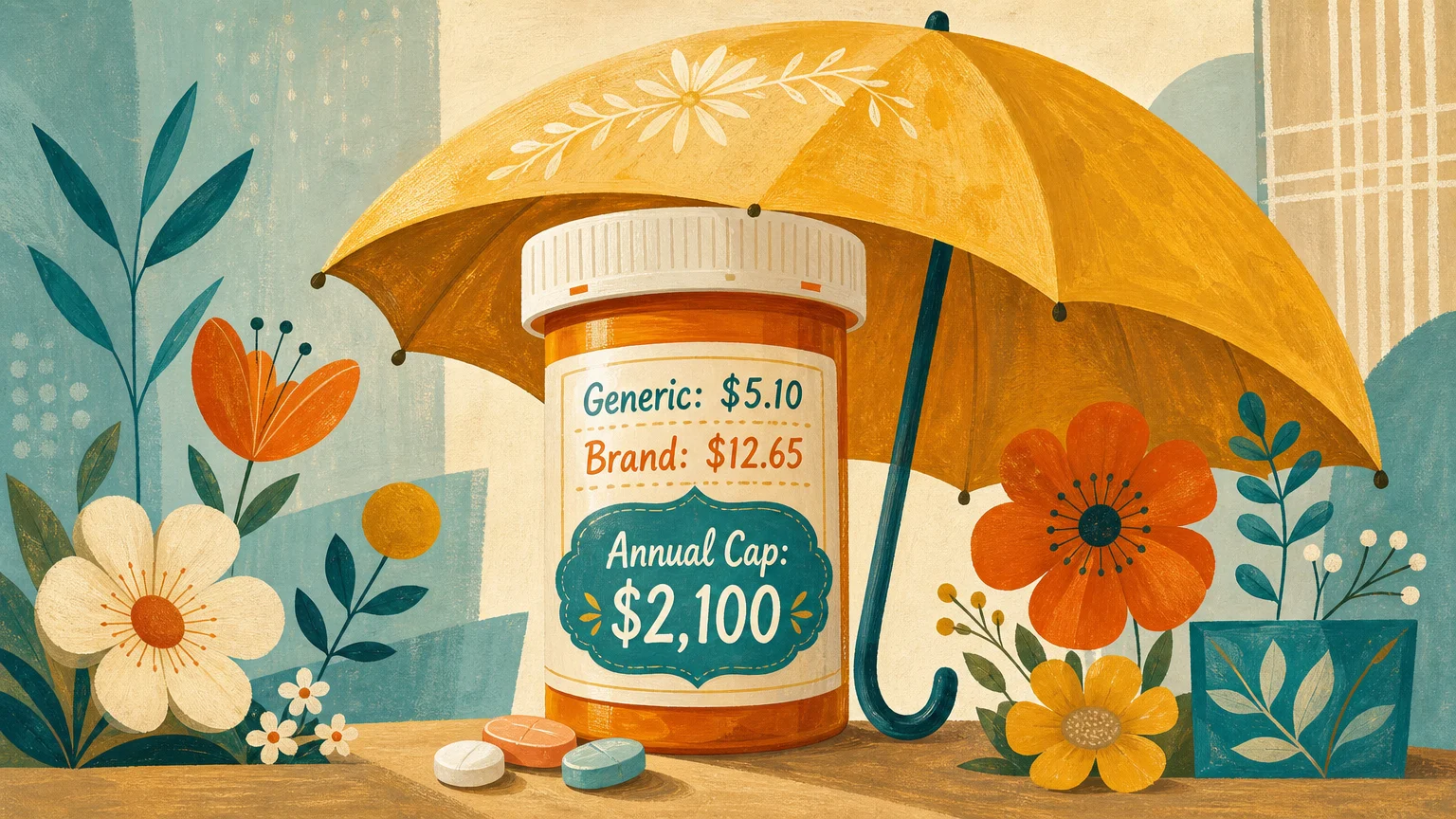 A stylized mid-century illustration of a prescription bottle protected by an umbrella, showing copays of $5.10 and $12.65.