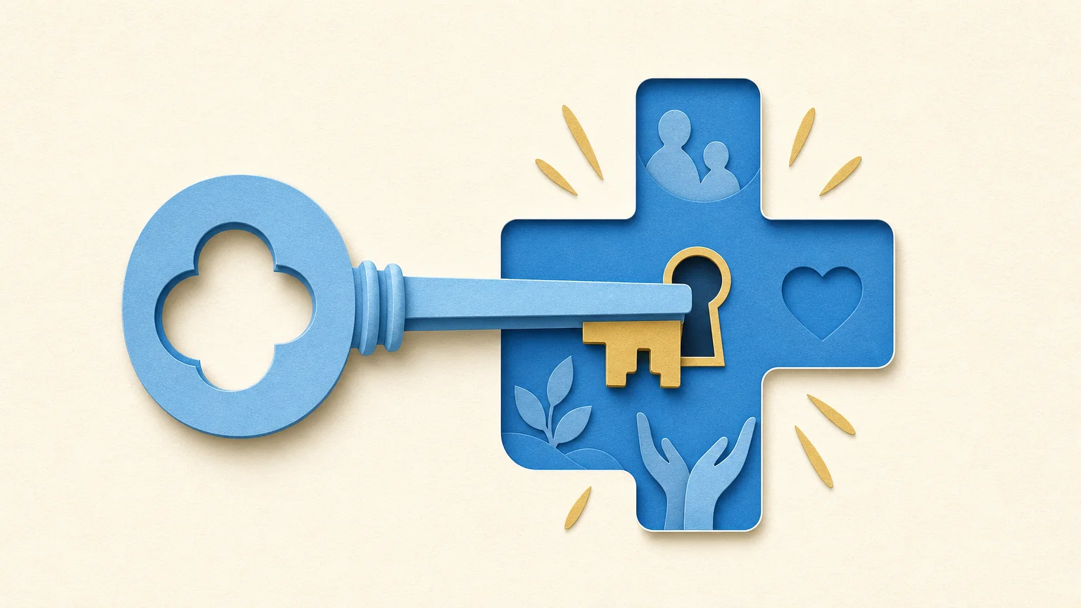 A symbolic illustration of a golden key unlocking a blue medical cross, representing access to full healthcare coverage.