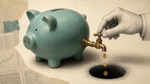 A teal piggy bank with a brass faucet attached to its side, with a hand turning the tap off to stop coins from leaking out.