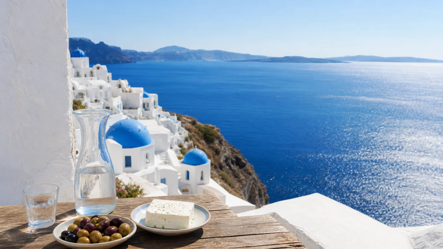 A terrace view in Greece featuring simple food and the blue domes of Santorini overlooking the sea.