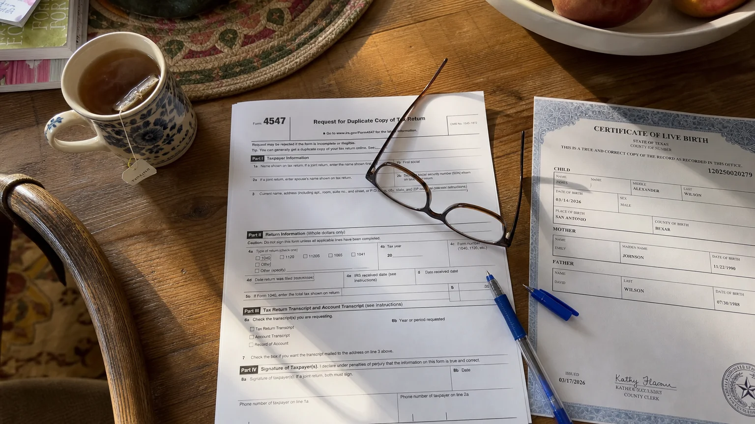 A top-down photo of IRS Form 4547, reading glasses, and a birth certificate on a wooden kitchen table.