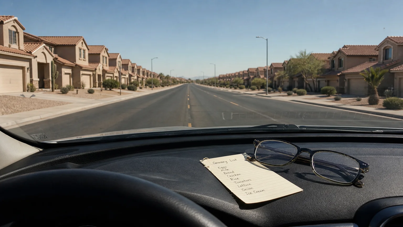 A view from inside a car looking down a long, empty suburban road with no sidewalks and identical houses.