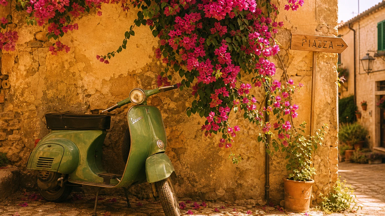 A vintage Vespa parked against a flower-covered stone wall in a Tuscan village.