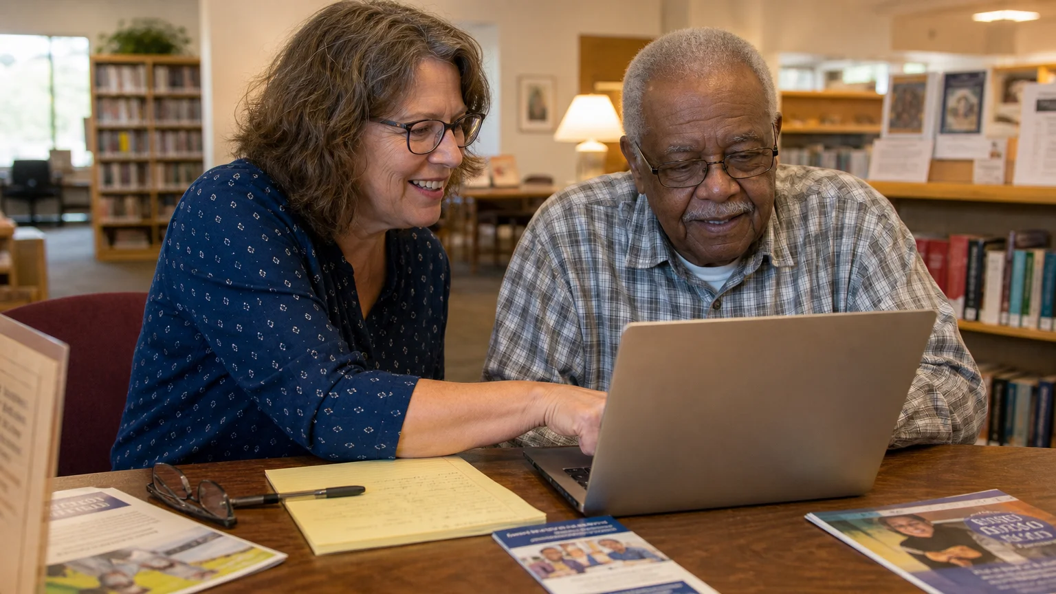 A volunteer helps an elderly man look over benefit applications on a laptop in a cozy, sunlit public library.