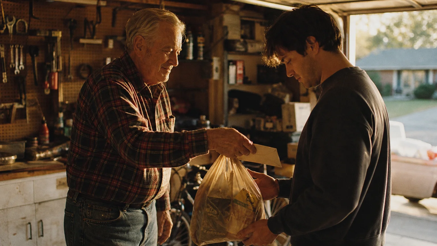 A warm, candid photo of an older man handing a grocery bag and an envelope to his adult grandson in a sunlit garage.