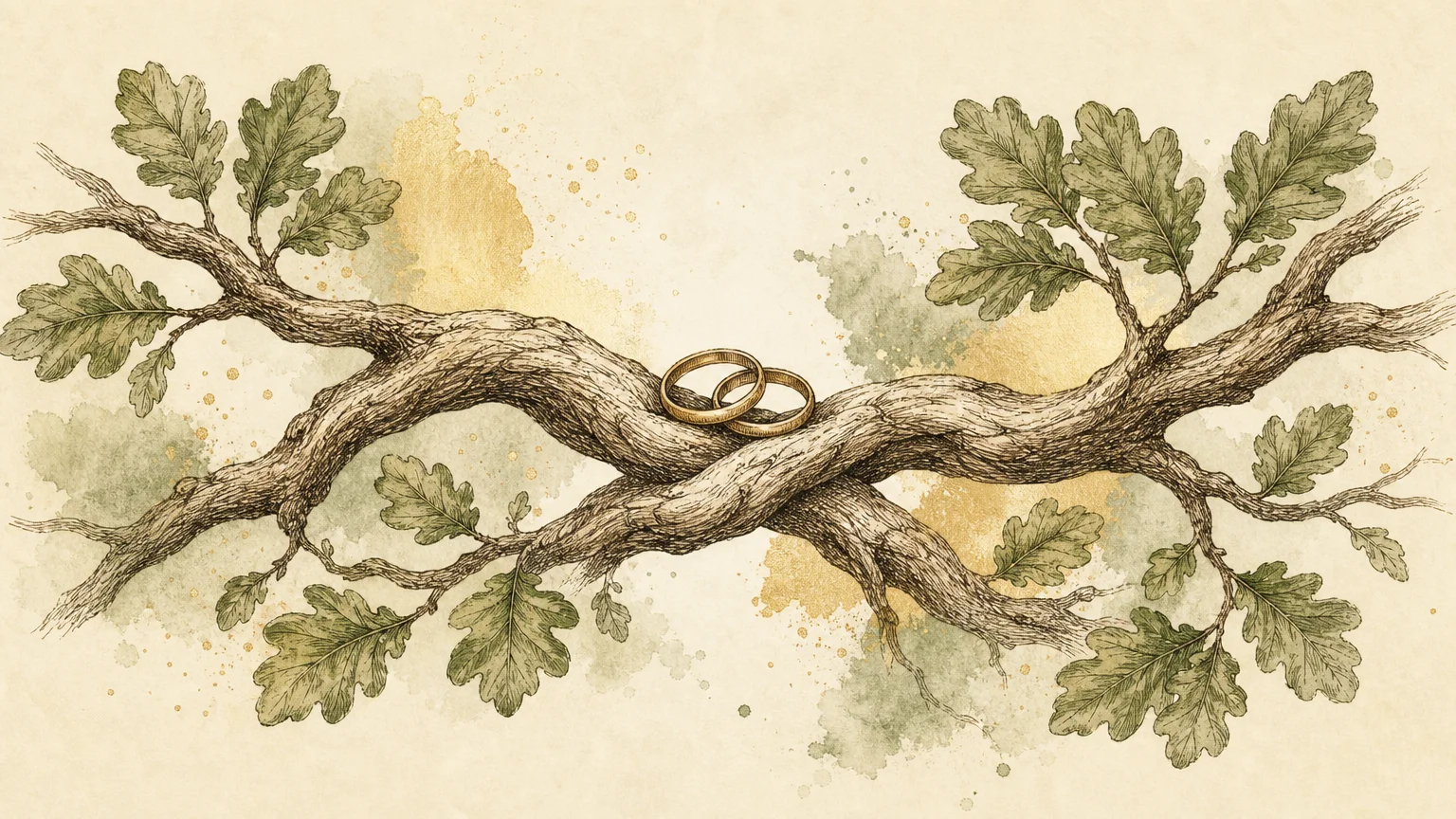 A warm ink and gouache illustration of two interlocking oak branches, symbolizing spousal and survivor benefits.