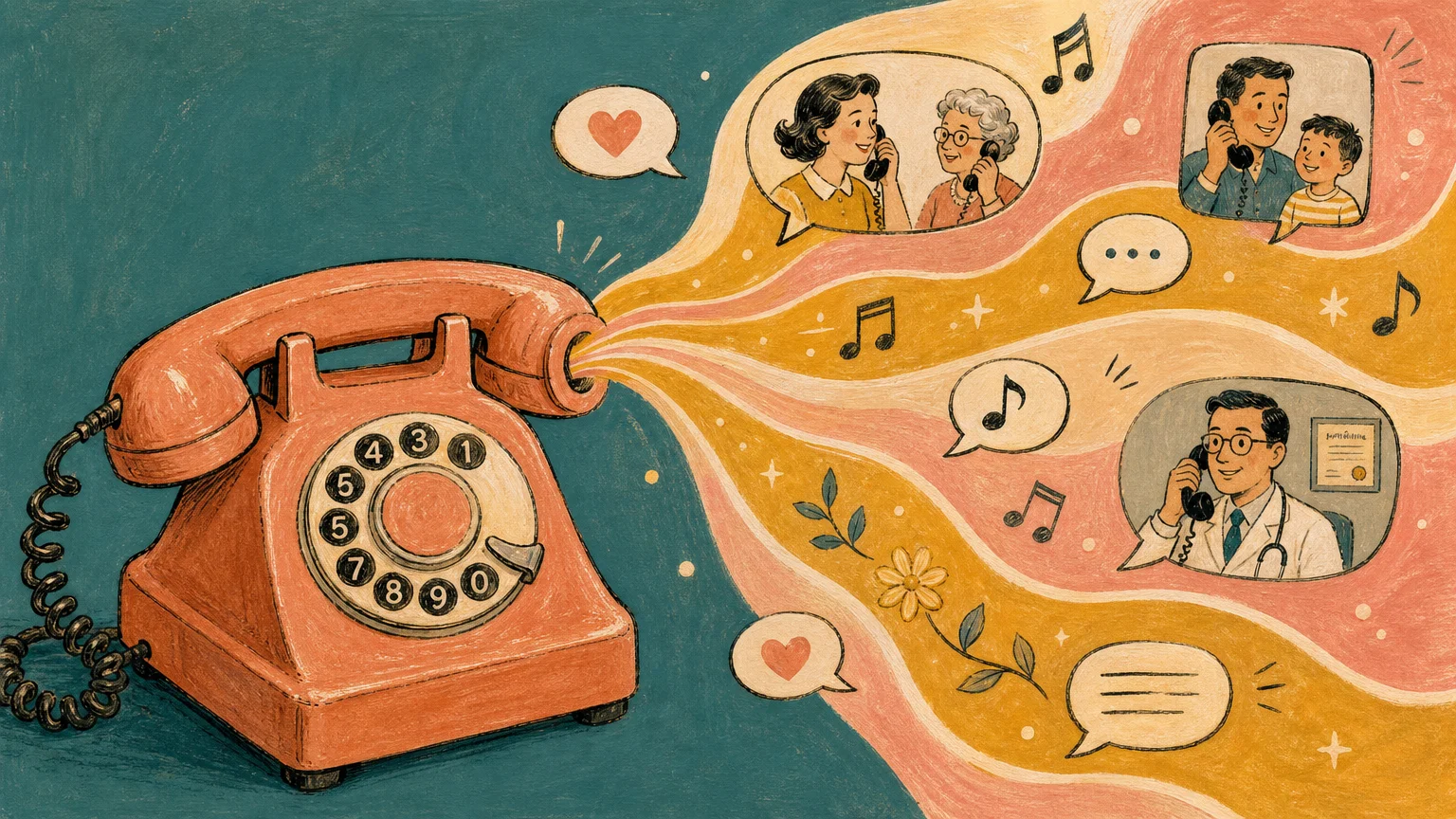 A warm mid-century illustration of a vintage telephone with glowing, friendly waves of connection radiating from it.
