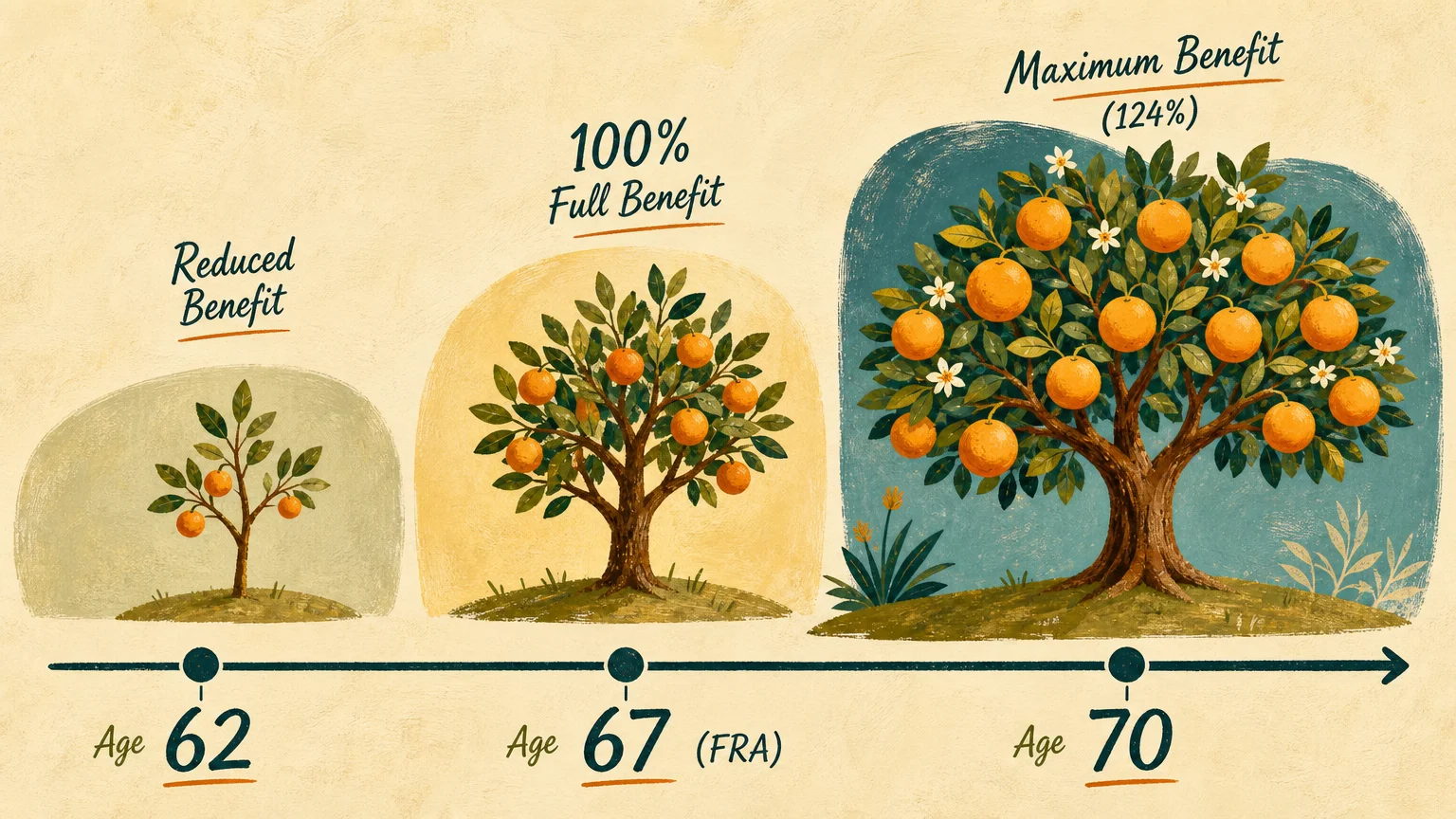 A warm mid-century style illustration of growing trees on a timeline showing benefits increasing from age 62 to full retirement and age 70.