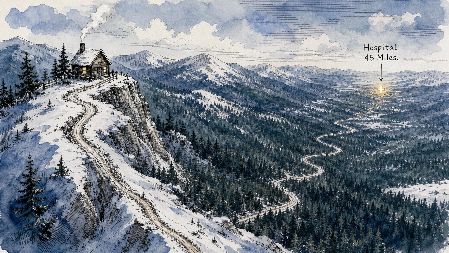 A watercolor illustration of a remote mountain house separated from a distant hospital by a long, winding road.