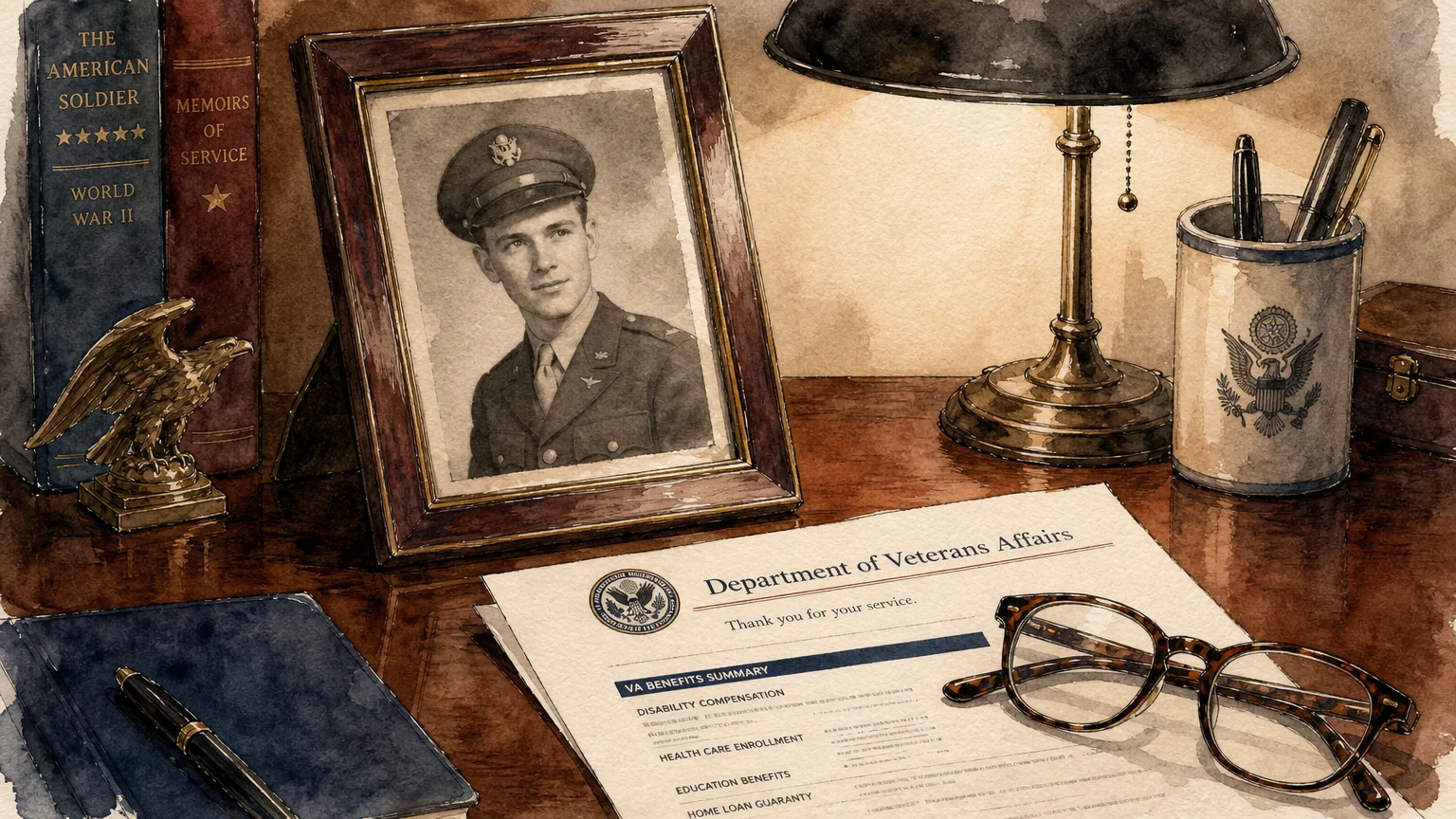 A watercolor illustration of a veteran's framed photo, a VA document, and reading glasses on a wooden desk.