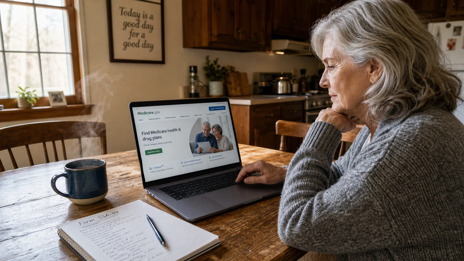 A woman sits at her kitchen table looking at a laptop displaying Medicare.gov, with a mug and a notebook labeled Form SSA-44 nearby.