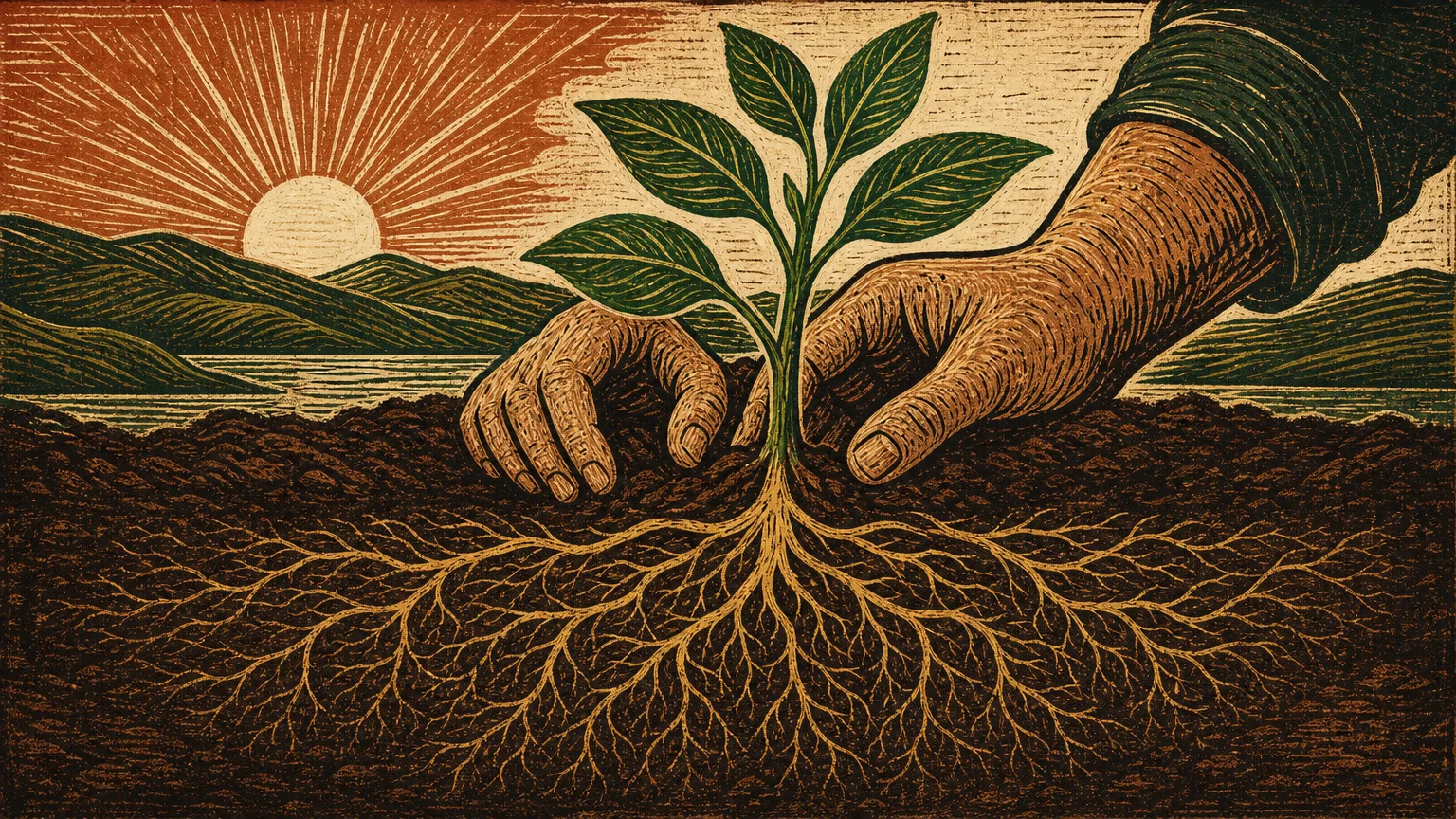 A woodcut illustration of hands planting a green sapling with deep roots, representing the process of building an independent safety net.