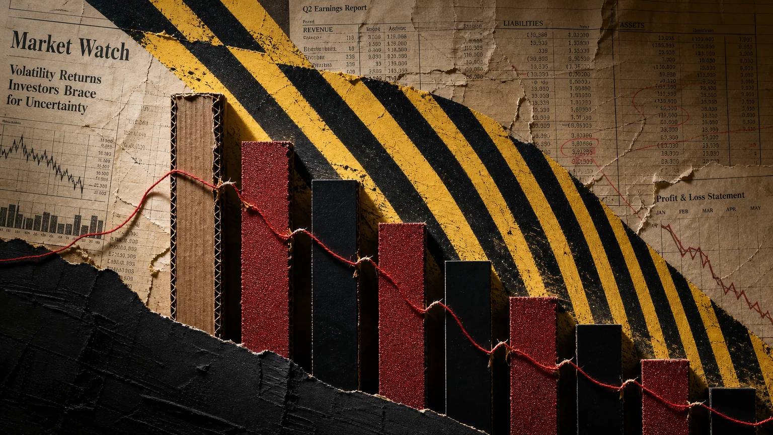 An abstract collage of caution stripes and a descending bar graph made of textured paper and cardboard.