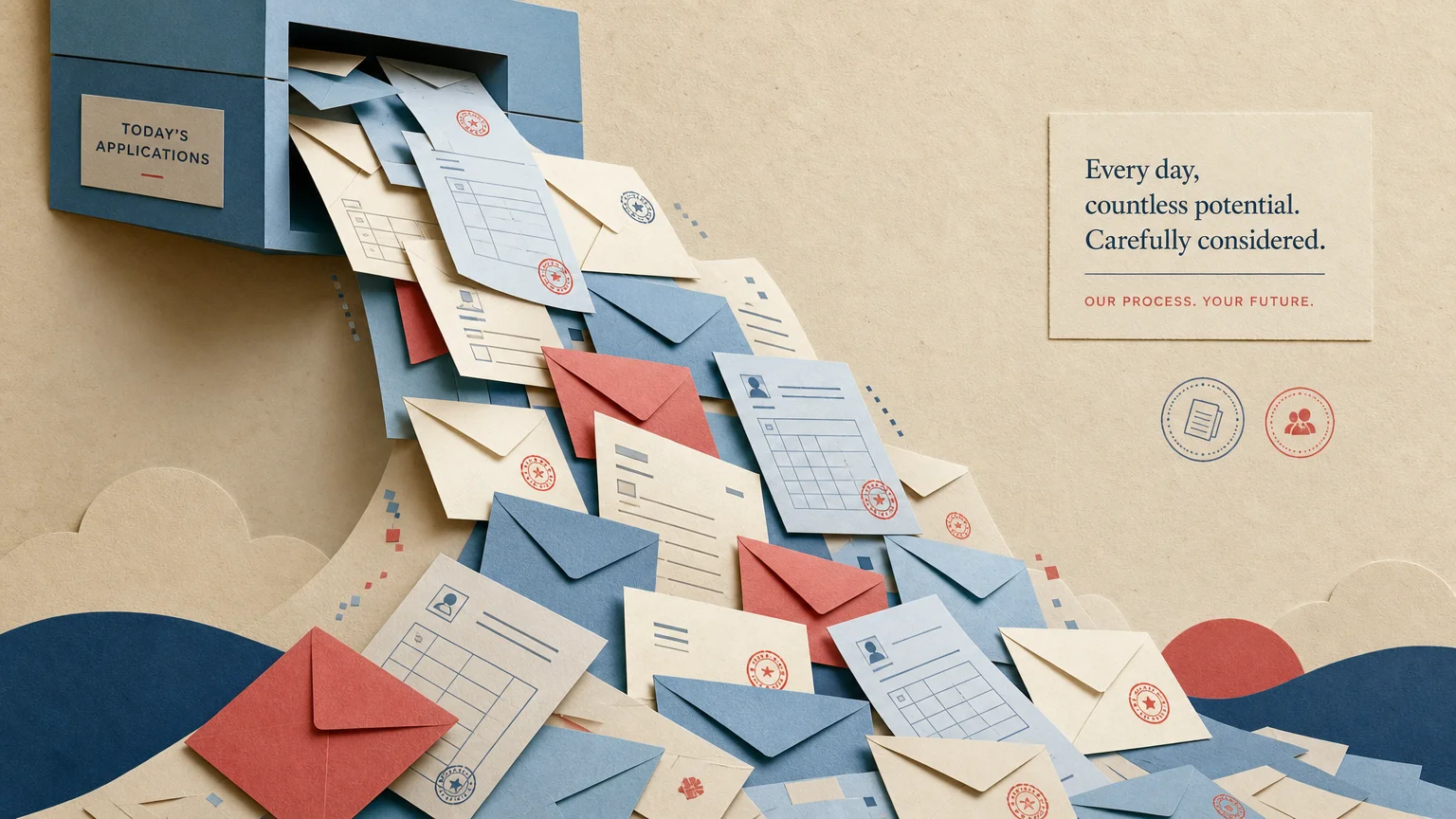 An abstract paper collage of stylized envelopes and forms cascading down against a warm cream background.