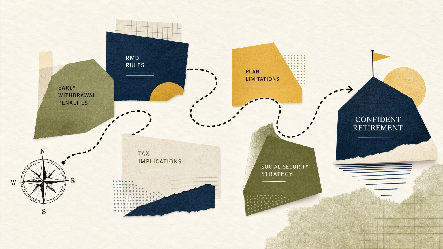 An abstract paper-cut illustration of a dotted path navigating safely around geometric blocks with a compass icon.