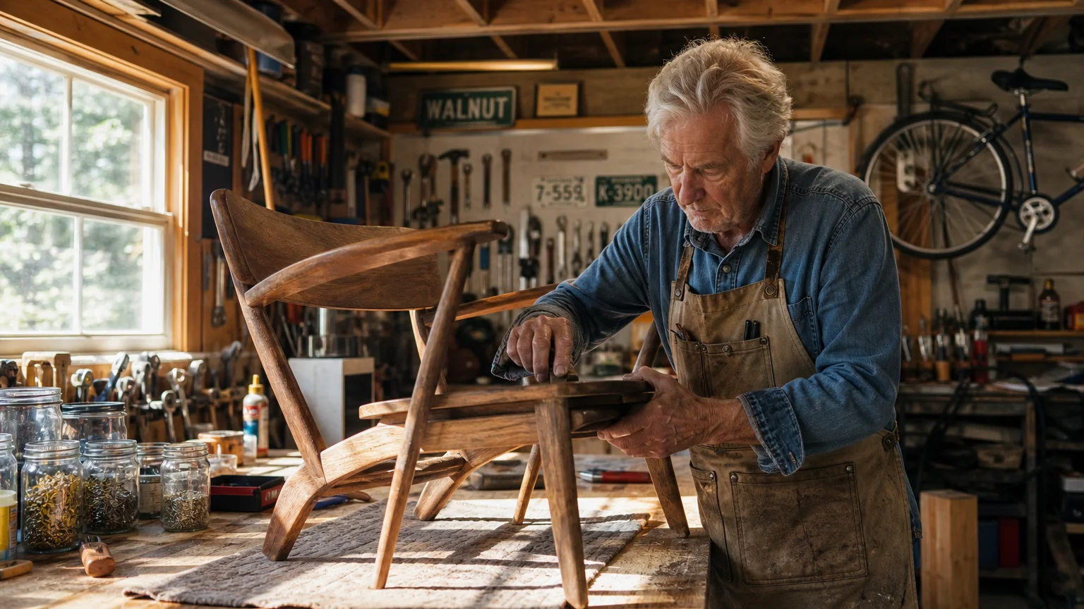 An active older man focusing on a woodworking project in his sunlit garage workshop.