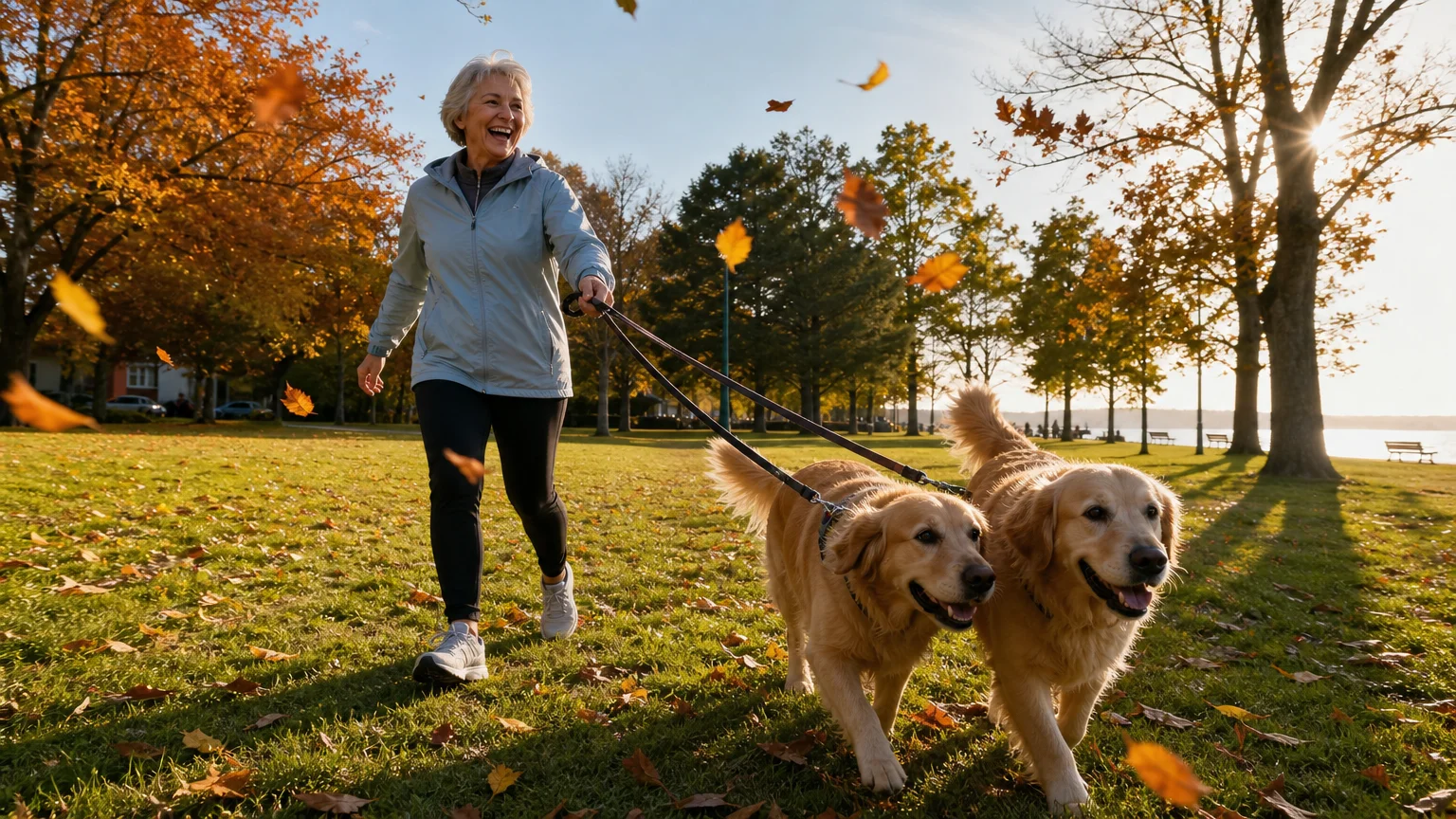 An active retired woman laughs while walking two golden retrievers on a scenic trail in an autumn park with falling orange leaves.