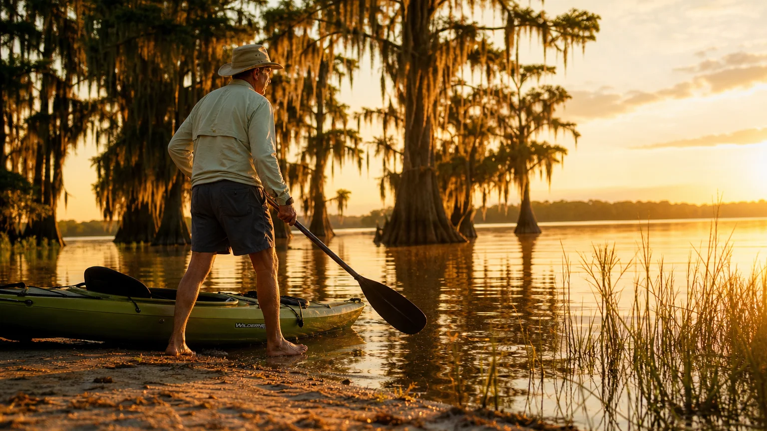 An active senior man launches a kayak into a calm Florida lake surrounded by cypress trees and Spanish moss at sunrise.