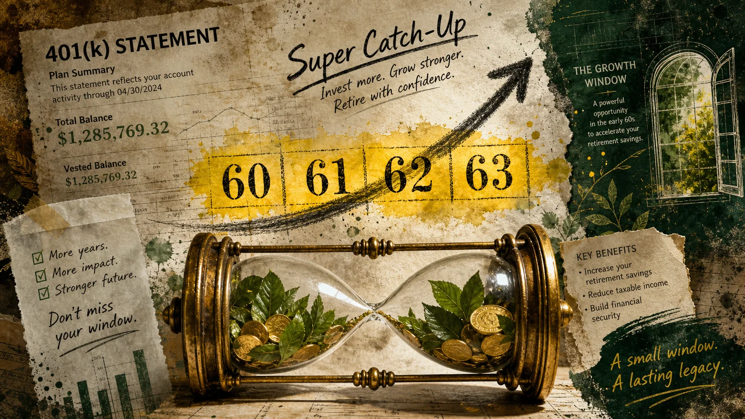 An artistic collage highlighting the ages 60 to 63 with symbols of financial growth and an hourglass.