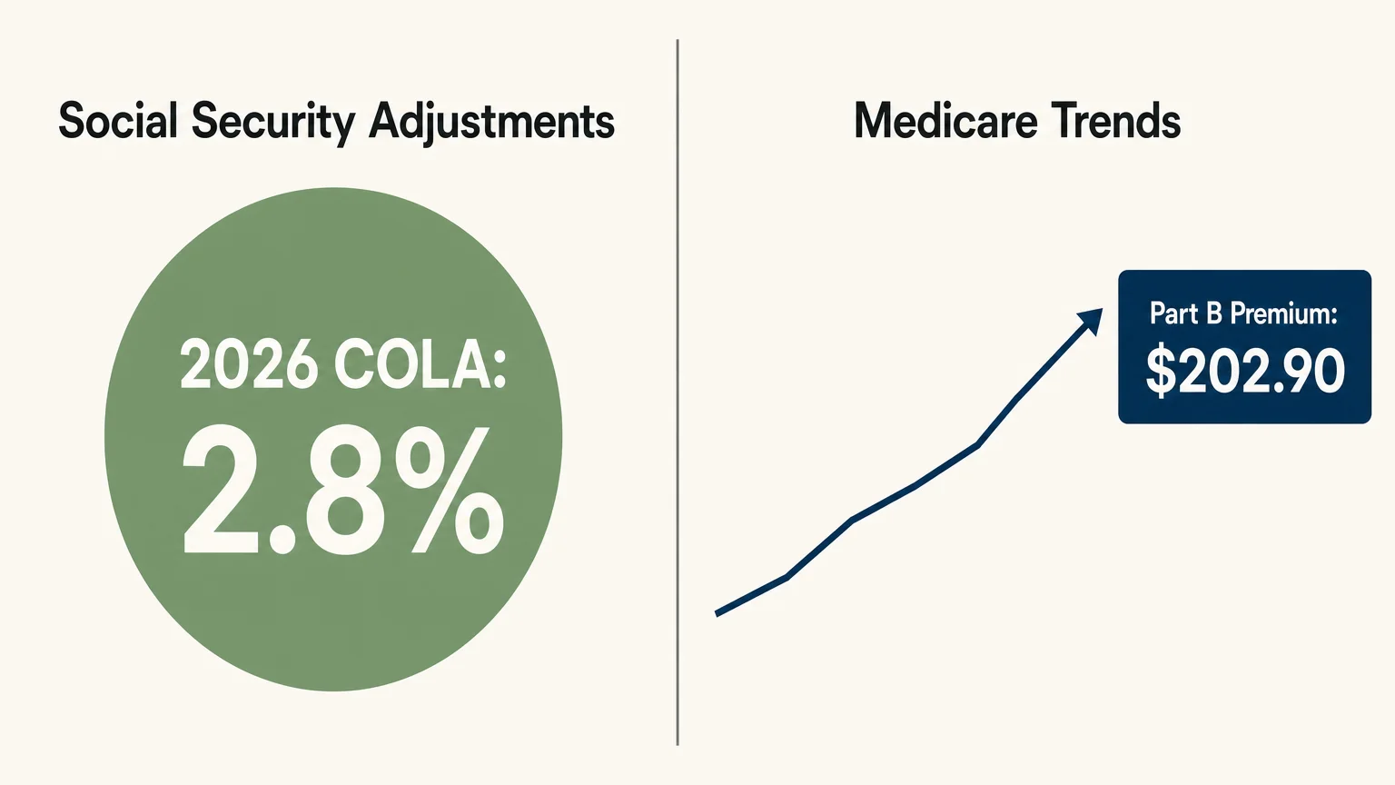 An editorial diagram comparing the 2026 Social Security COLA of 2.8% to the rising Medicare Part B Premium of $202.90.