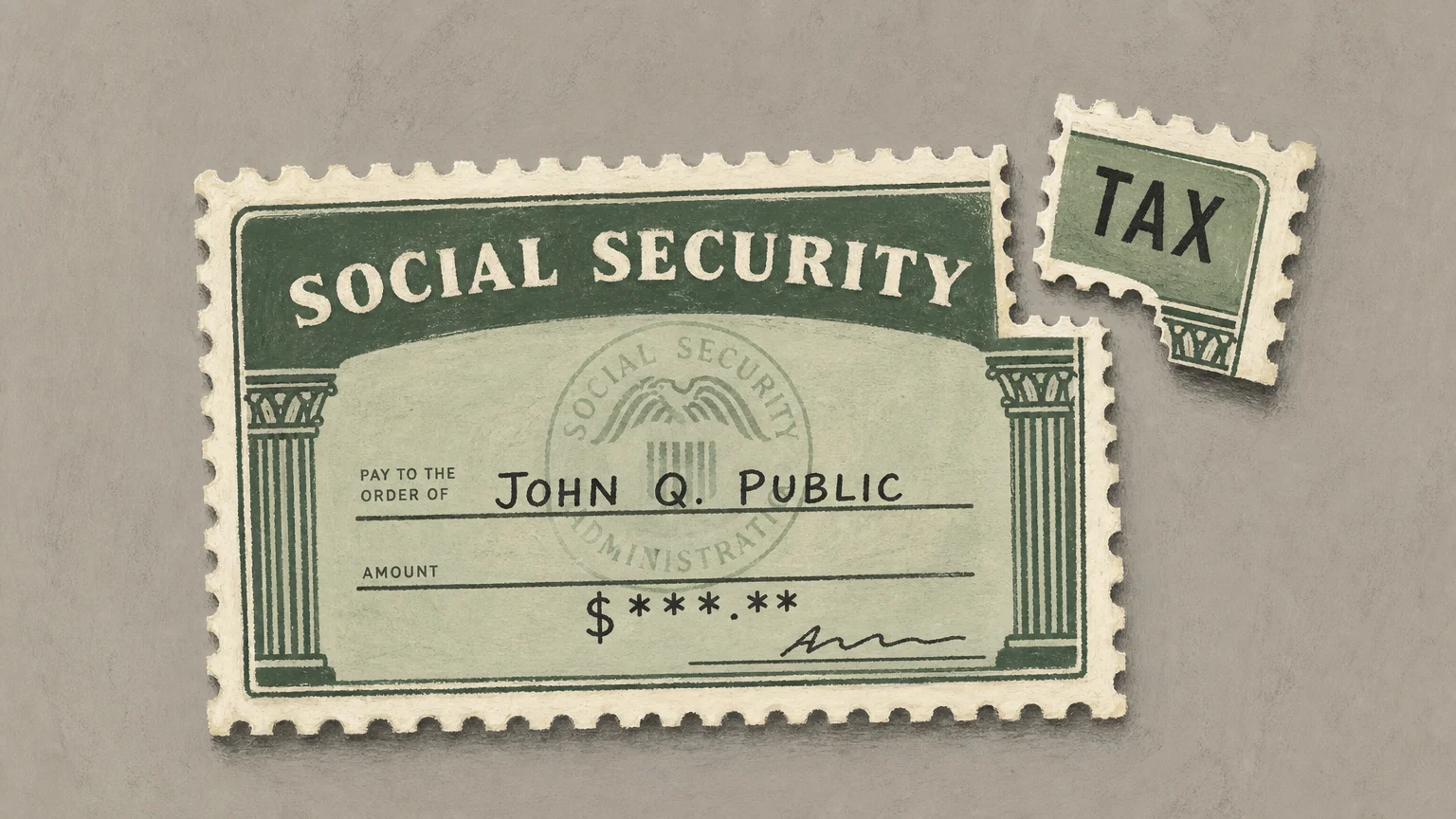 An editorial gouache illustration of a stylized stamp with a corner piece separated, symbolizing tax deductions on benefits.