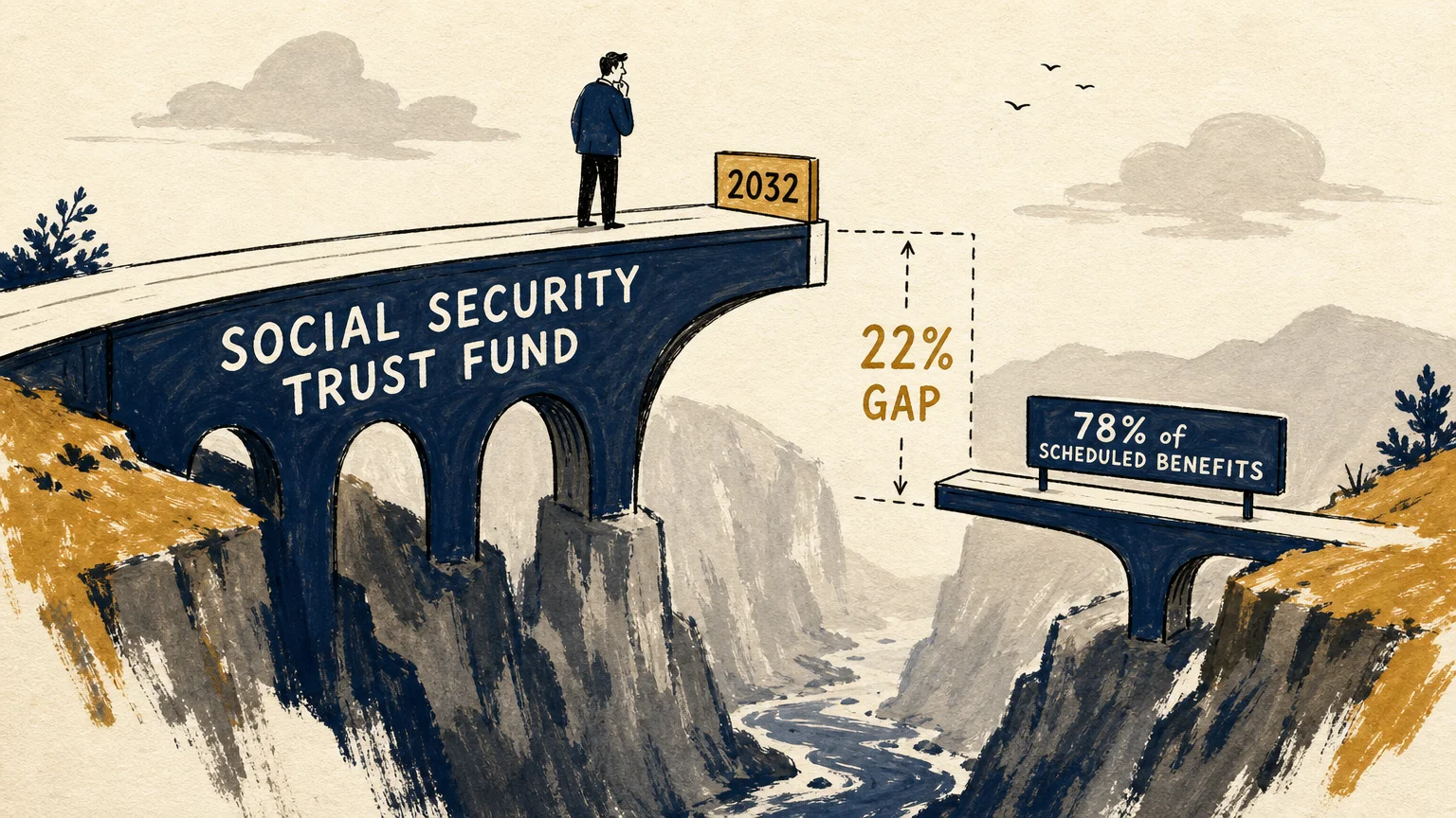 An editorial illustration of a bridge transitioning at the year 2032, representing the projected 22% benefit shortfall.