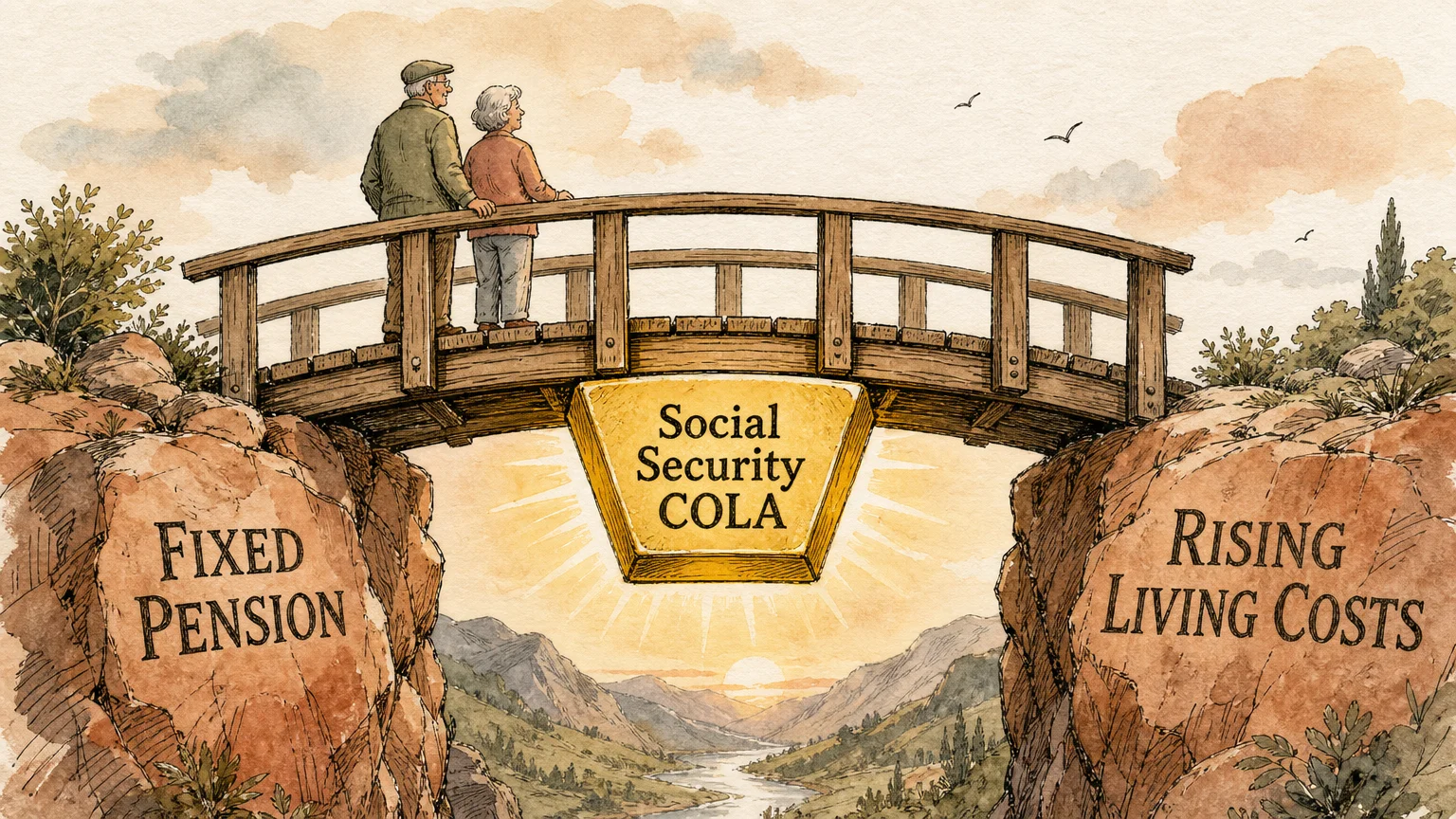 An editorial illustration of a golden block labeled COLA supporting a wooden bridge that spans a gap between two cliffs.